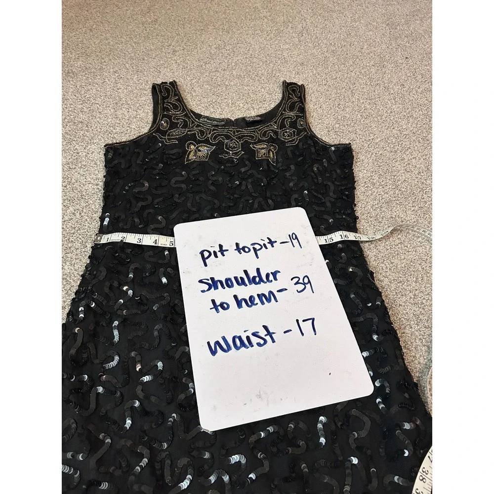 Jewel Queen Vintage‎ Black Silk Sequin Beaded Cocktail Dress Womens Medium Gold